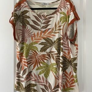 Suzy Shier Leaf Print Blouse - Green and Orange